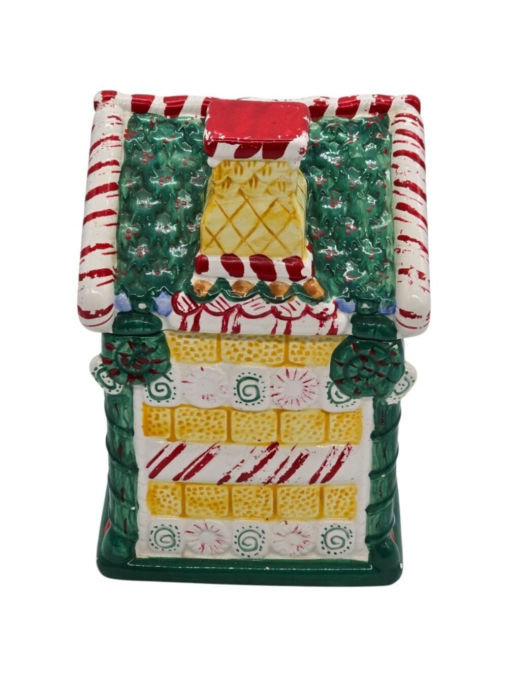 Hand Painted Gingerbread House Cookie Jar Christmas Candy Cane Ceramic Holiday